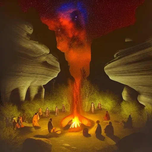 a native american gathering in the night inside a canyon with a big bonfire in the center and a mystical and spiritual night sky in psychedelic style