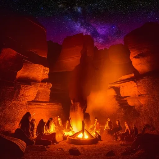 a native american gathering in the night inside a canyon with a big bonfire in the center and a mystical and spiritual night sky in psychedelic style