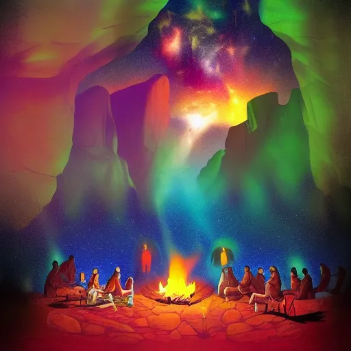 a native american gathering in the night inside a canyon with a big bonfire in the center and a mystical and spiritual night sky in psychedelic style