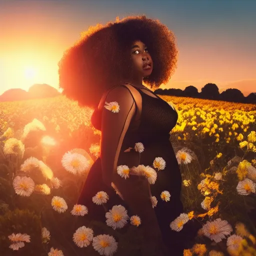 a beautiful black woman with slim thick curves, standing in a field of flowers with a sunset in the background