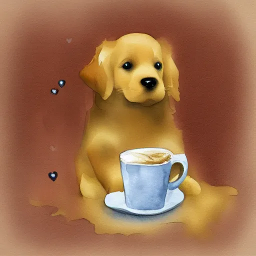 a golden retriever puppy drinking a latte with heart-shaped art and a hat, in a watercolor style