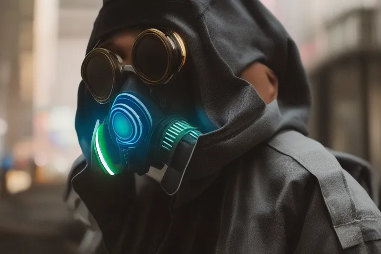 a person wearing cyberpunk intricate streetwear, a respirator, and a cinematic dramatic atmosphere with sharp focus and volumetric lighting, with a 1:1 aspect ratio