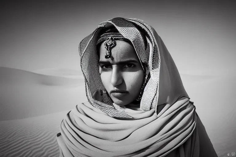 A passionate girl in the Saudi desert with tribal jewelry