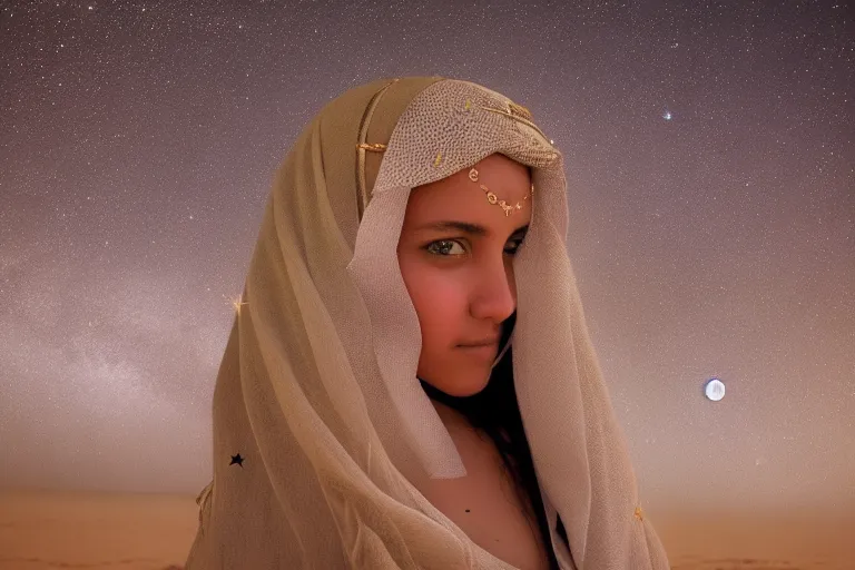 A passionate girl in the Saudi desert with tribal jewelry and stars and the moon in the background, facing front