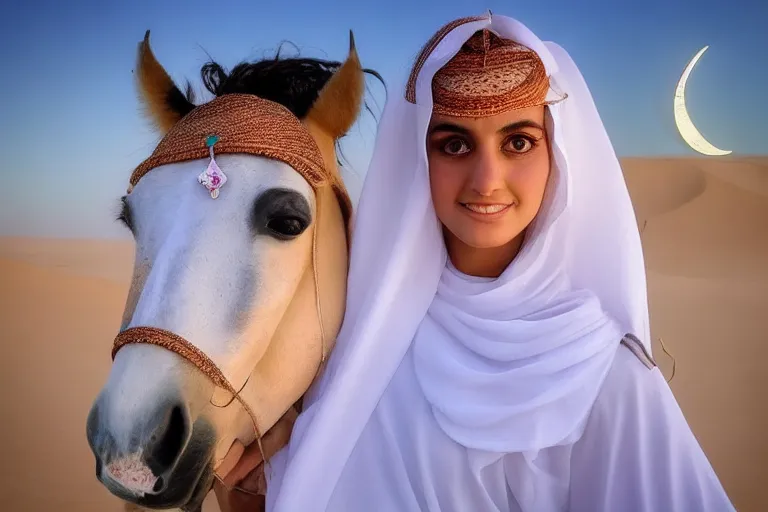 A beautiful girl with stunning eyes standing in the Saudi desert near tents with stars and moon, wearing jewelry and standing next to her horse with a smile of love on their faces, showing their full bodies and the girl barefoot