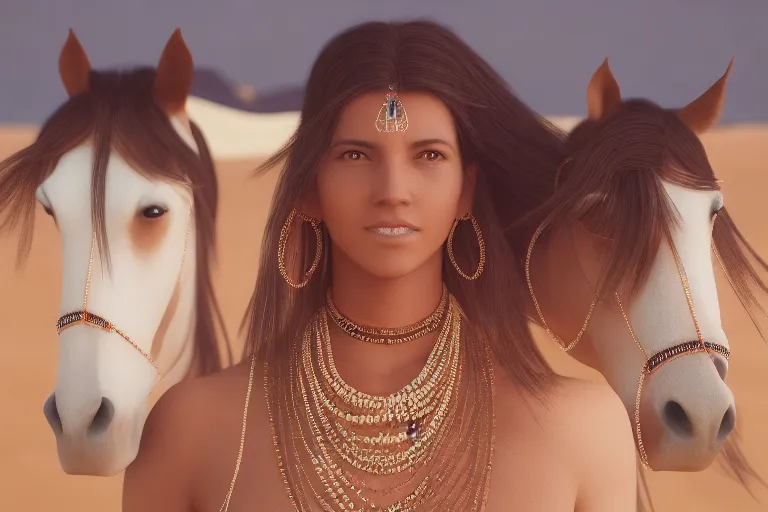 a beautiful girl wearing tribal jewelry with her three horses in a desert storm with tents in the background, stars and dunes, octane render, 4k.