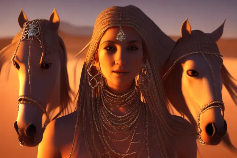 a beautiful and exotic tribal girl with jewelry in the Saudi desert with her three horses at night, octane render, 4k.