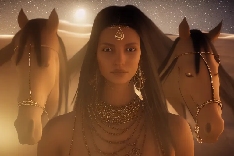 a beautiful and exotic tribal girl with jewelry in the Saudi desert with her three horses at night in a storm, octane render, 4k.