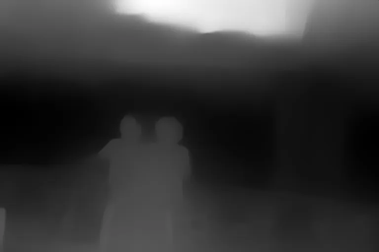 Depth map. a couple of kids standing next to each other with a 2000s style