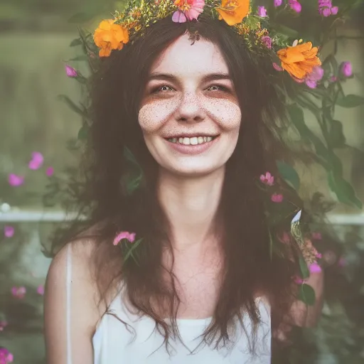 a woman with a flower crown on her head with enhanced hair and smile and freckles added under her eyes and on her cheeks