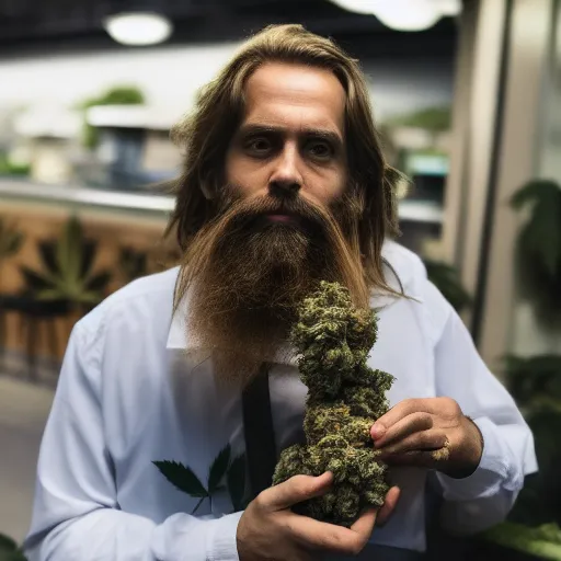 a man with a long white beard holding a bag of marijuana with enhanced facial features