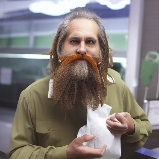 a man with a long white beard holding a bag of marijuana with enhanced facial features