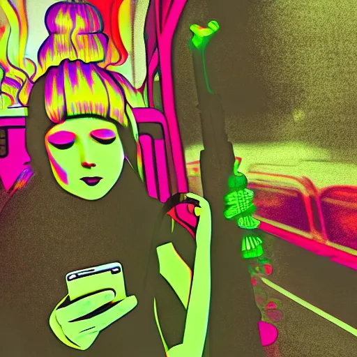 a woman on a bus looking at her cell phone with a psychedelic manga style