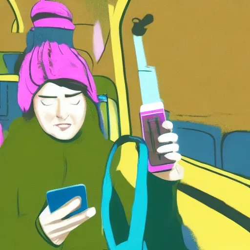 a woman on a bus looking at her cell phone with pastel colors