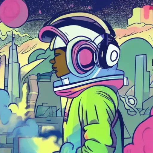 a cute rapper gangster astronaut listening to music with headphones, surrounded by a swirl of energy, with a colorful cartoon landscape in the background and a futuristic cityscape visible in the distance, with a grunge aesthetic graffiti style and a futuristic weapon inspired by an AK-47 on the astronaut's shoulder