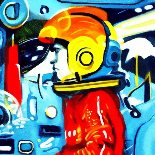 a painting of a man wearing headphones and a space suit looking out of a bus window