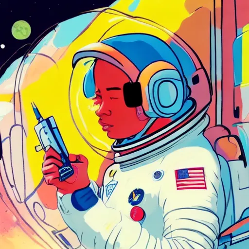 a highly detailed portrait of a cute rapper gangster astronaut listening to music with headphones, wearing a space suit, holding a weapon, on a bright and cheery background featuring a mix of pastel blues, reds, and yellows, with a swirl of energy surrounding the astronaut, inspired by the works of Atey Ghailan, Edward Hopper, Greg Tocchini, and James Gilleard, with a grunge aesthetic graffiti style