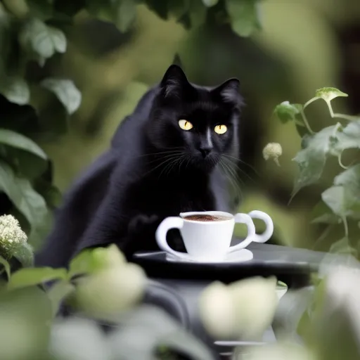 a black cat enjoying a cup of coffee in a garden