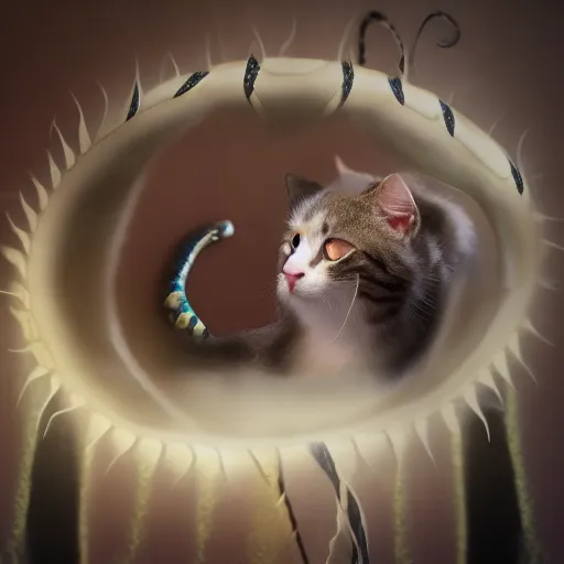 A cat with wings and a snake tail floating in the air