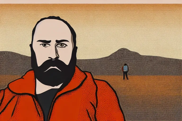 a man with a beard standing on a dirt road in a pop art style