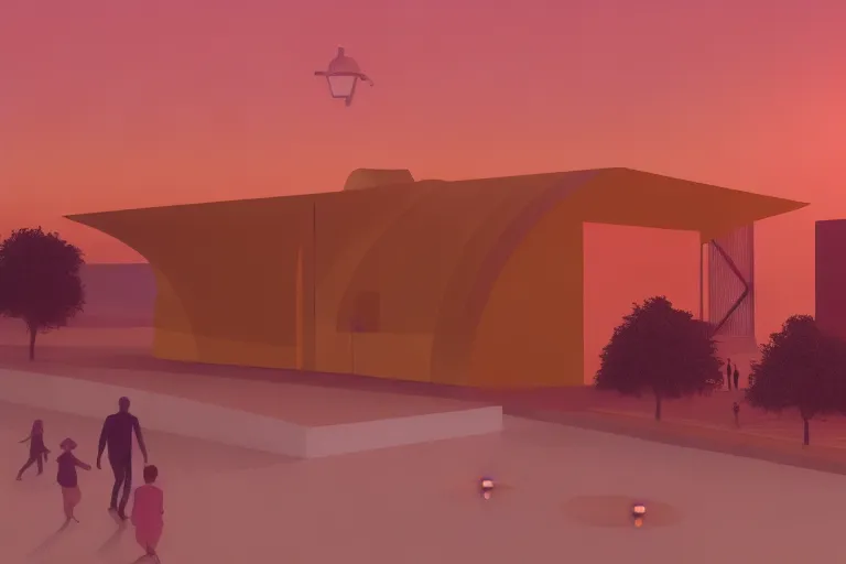 a drawing of a building with people walking in front of it at sunset, with a warm orange and pink sky, octane render, 4k.