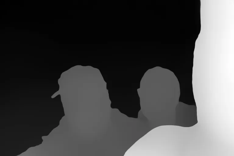 Depth map. A man and a woman taking a selfie with a random filter applied
