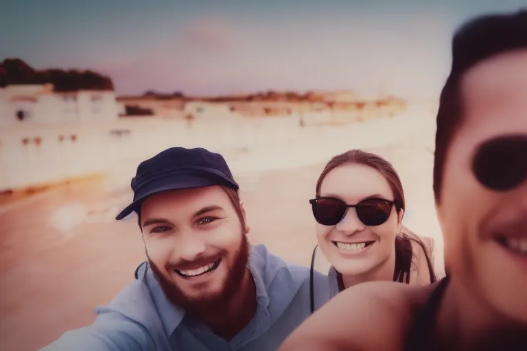 A man and a woman taking a selfie with a random filter applied