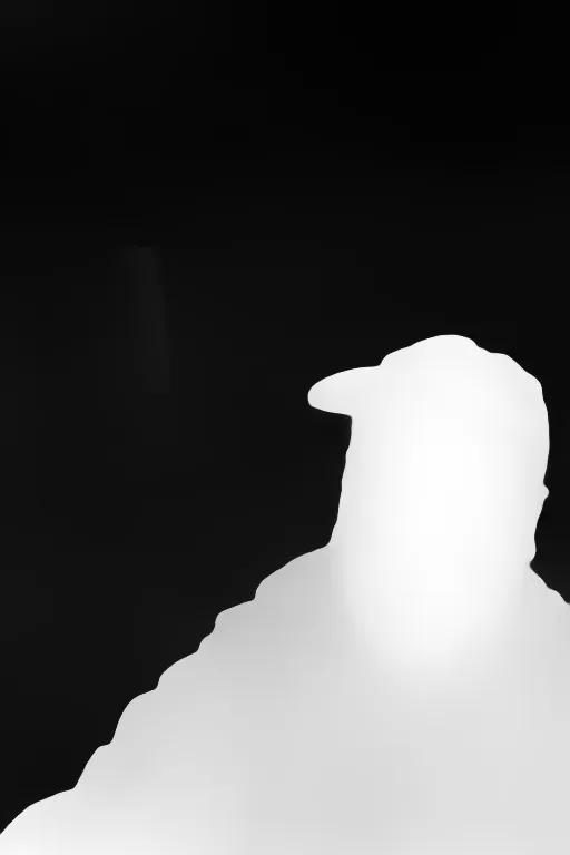 Depth map. a man taking a selfie in front of a surreal, abstract painting