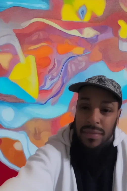 a man taking a selfie in front of a surreal, abstract painting