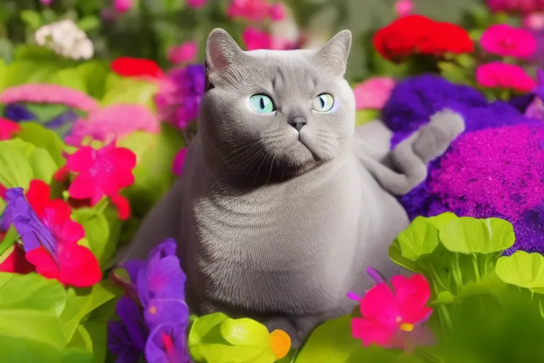 a British Shorthair cat in a garden surrounded by colorful flowers in neon colors, high definition