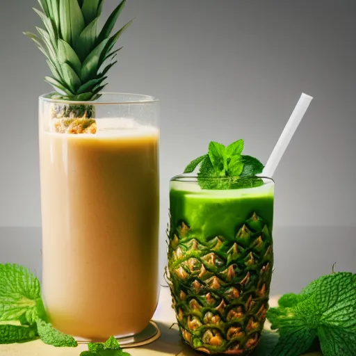 a picture of a Pineapple Ginger Cleansing Smoothie with one cup, a slice of ginger, and a sprig of mint, octane render, 4k.