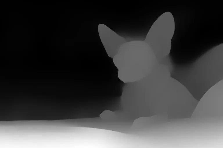 Depth map. A Chihuahua driving a car with the odometer showing, with a desert landscape in the background, octane render, 4k.