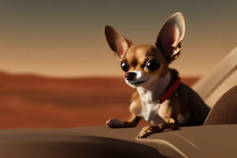A Chihuahua driving a car with the odometer showing, with a desert landscape in the background, octane render, 4k.