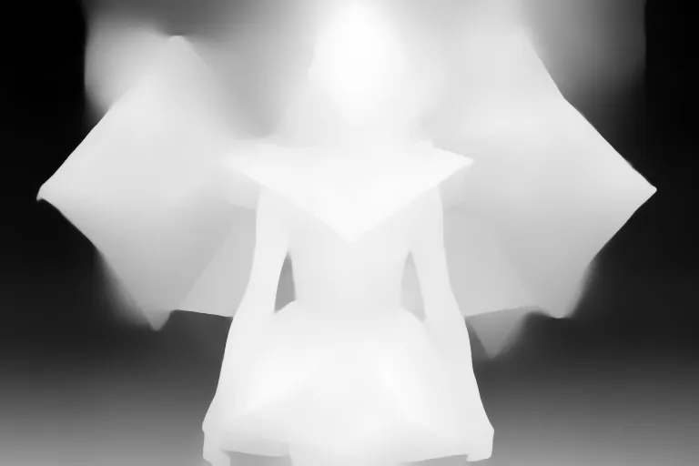 Depth map. a beautiful girl wearing an origami dress on a fashion stage in portrait orientation