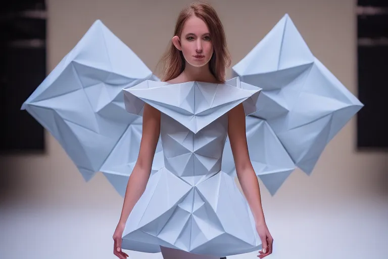 a beautiful girl wearing an origami dress on a fashion stage in portrait orientation