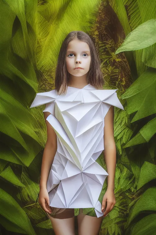 a portrait mode photo of a girl wearing an origami dress in the jungle