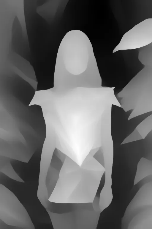 Depth map. a portrait mode photo of a girl wearing an origami dress in the jungle