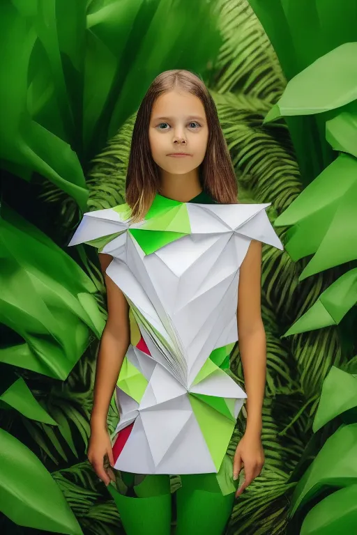 a portrait mode photo of a girl wearing an origami dress in the jungle