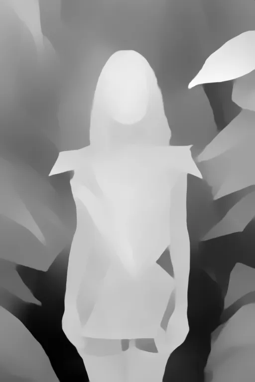 Depth map. a portrait mode photo of a girl wearing an origami dress in the jungle with a cuter face