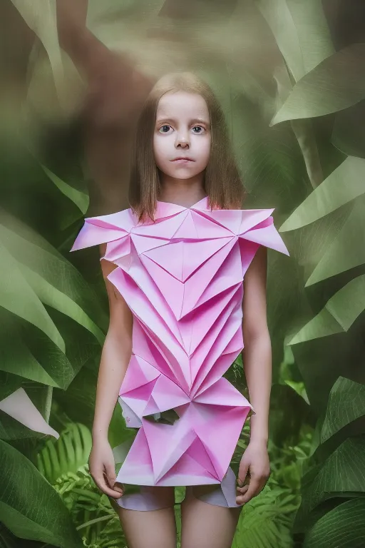 a portrait mode photo of a girl wearing an origami dress in the jungle with a cuter face