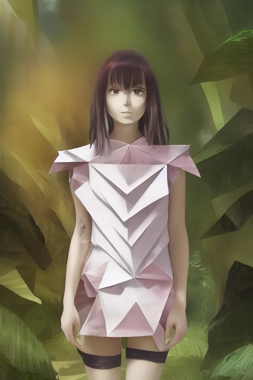an anime-style portrait of a girl wearing an origami dress in the jungle with a cuter face