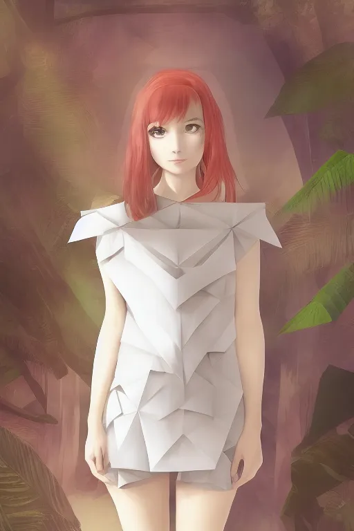 an anime-style portrait of a girl wearing an origami dress in the jungle with a goddess face