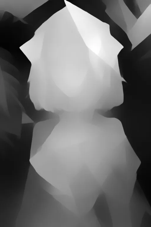 Depth map. an anime-style portrait of a happy girl wearing a pink origami dress in the jungle