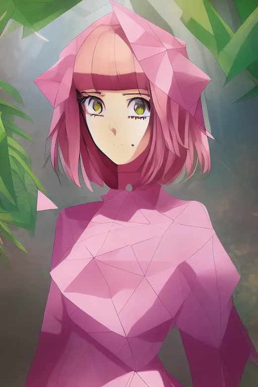 an anime-style portrait of a happy girl wearing a pink origami dress in the jungle