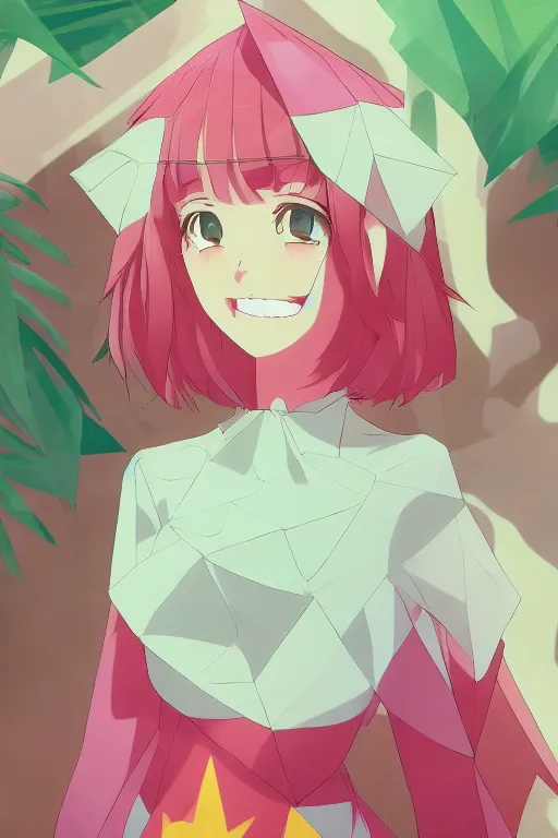 an anime-style portrait of a girl wearing a high-contrast pink origami dress in the jungle with a happy expression