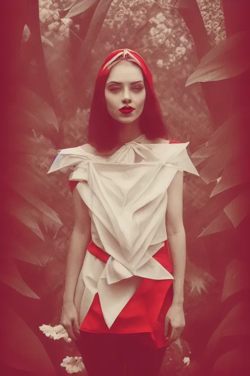 a woman wearing a red scarf and a headpiece in front of blooming flowers with a vintage filter