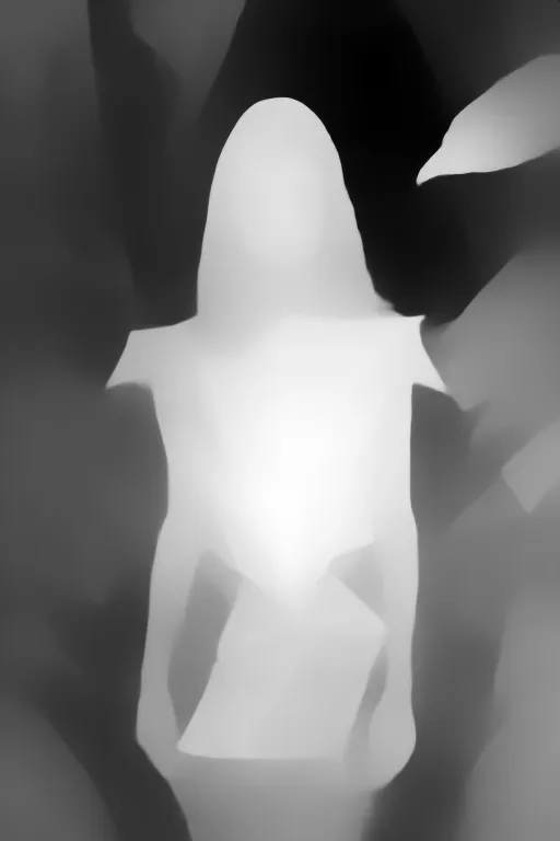 Depth map. a woman standing in front of a jungle background wearing a white dress