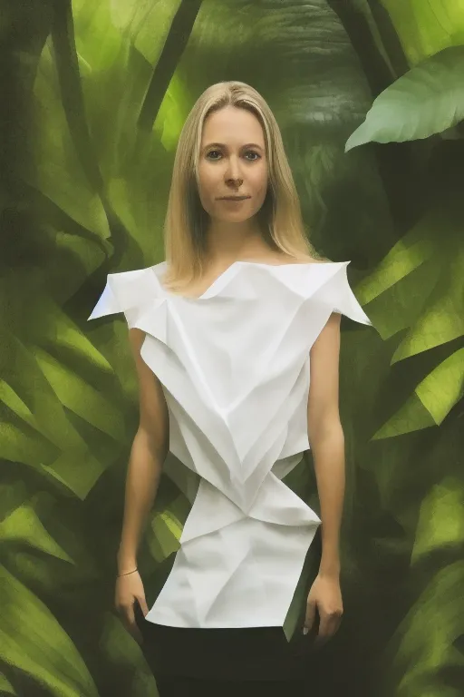 a woman standing in front of a jungle background wearing a white dress