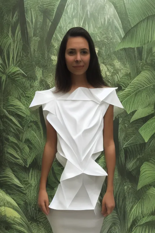 a woman standing in front of a jungle background wearing a white dress