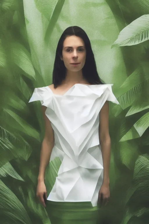 a woman standing in front of a jungle background wearing a white dress